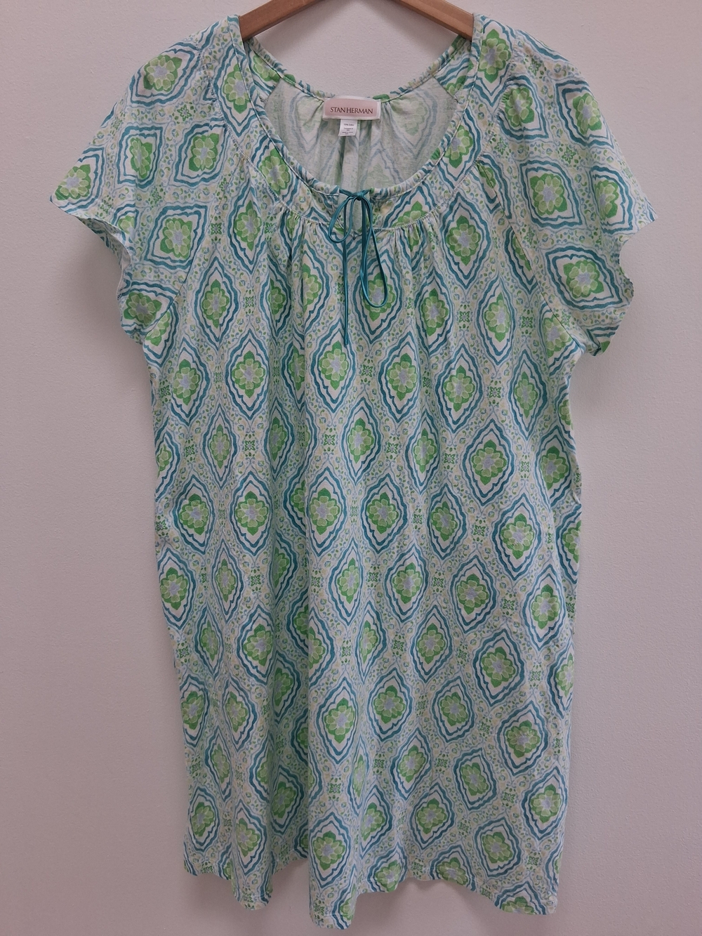 Stan Herman Short Sleeve  Green & Blue 100% cotton Sleep Dress Size XL Lounge